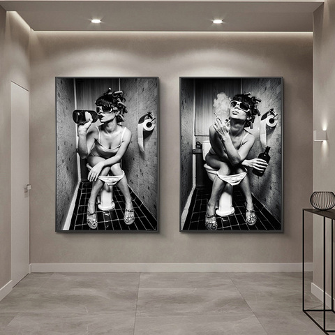 Sexy Woman Sitting On The Toilet Smoking Poster Black And White Style Mural Home Art Wall Painting Bathroom Decoration Painting ► Photo 1/6