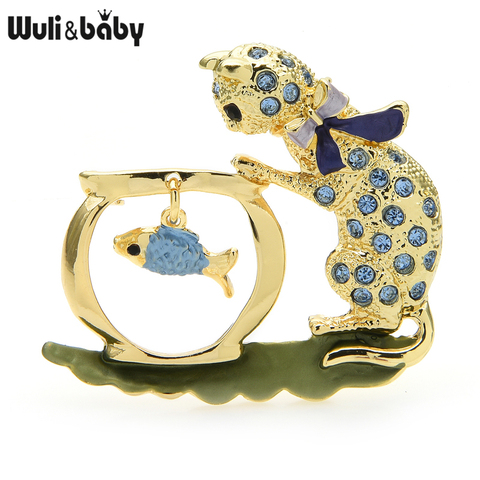 Wuli&baby Rhinestone Bowknot Cat Brooches Cute Kitty Looking Fish Brooch Pins New Year Jewelry Gift 2 Colors ► Photo 1/4
