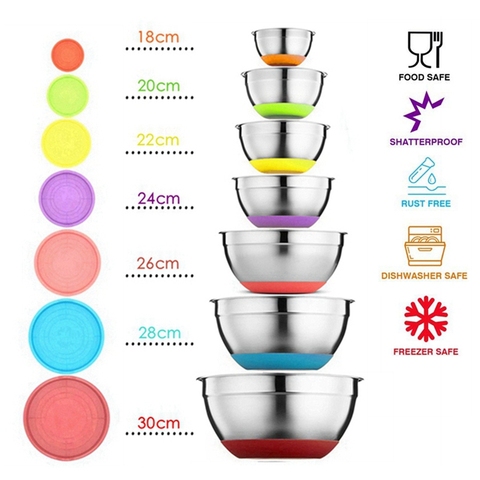 7 Colors Stainless Steel Mixing Bowl With Lid Home Kitchen Egg Mixer Salad Bowls Non-slip Silicone Bottom Food Storage Bowl Set ► Photo 1/6