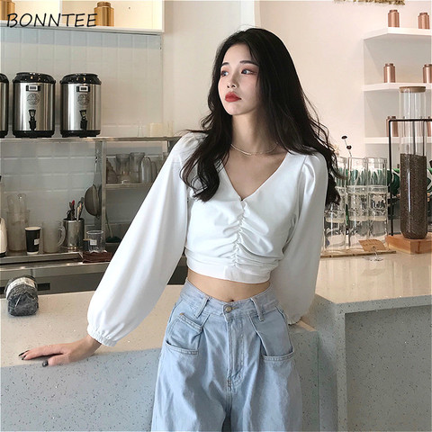 Blouses Shirts Women Solid V-neck Long-puff-sleeve Elegant Crop Top Chic Fashion Sexy Vintage Korean Womens Retro Ins Ulzzang ► Photo 1/6