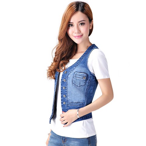 New Fashion Denim Vest Women Sleeveness Jeans Jacket Vest Casual Slim Summer Waistcoats V-Neck Big Size S-4XL ► Photo 1/3