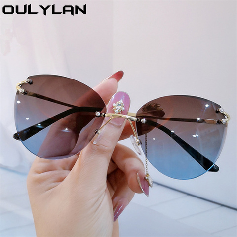 Oulylan Metal Trimming Sunglasses Women Trendy Rimless Cat Eye Sun Glasss Vintage Female Gradient Shades Blue Tea Eyewear UV400 ► Photo 1/6