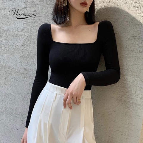 Black Office Lady Elegant Scoop Neck Long Sleeve Solid Mercerized Cotton Pullovers Tee 2022 Casual Women T-Shirt And Top B-076 ► Photo 1/6