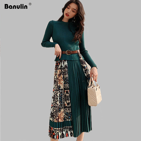 Banulin 2022 New Spring Elegant Knitted Patchwork Pleated Midi Dress Women Long Sleeve Retro Runway Printing chic Dresses ► Photo 1/6