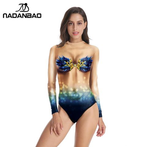 Nadanbao Sexy Womens Flesh color 3D Printed Swimsuit One Piece  Long Sleeve Swimwear ► Photo 1/6