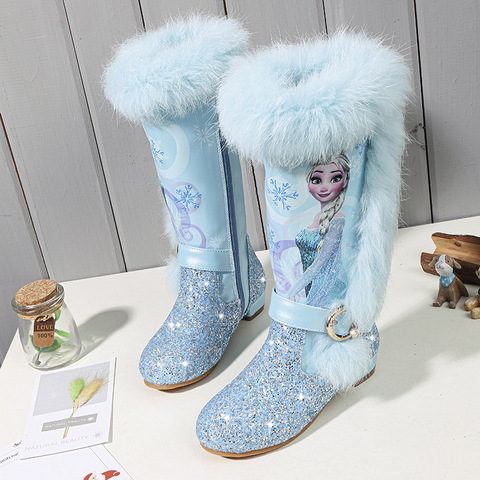 Disney 4-13 Years Old Children Winter Botas Warm Long Boots Girls Low Heel Sequins Snow Boots Frozen Boots ► Photo 1/5