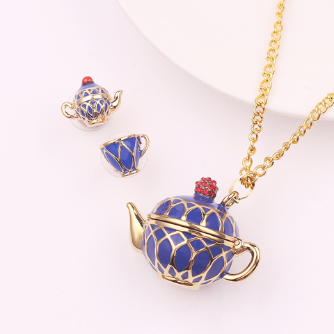 2022 New Hot Blue Teapot Necklace Set Can Open Tea Pot Cup Necklace Elegant Teapot Necklace Charm Creative Jewelry Women Gift ► Photo 1/6