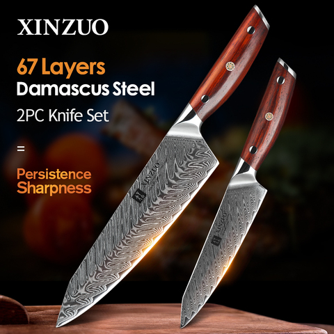 XINZUO 2 PCS Kitchen Knives Damascus Japanese VG10 Core Razor Sharp Blade High Carbon Strong Hardness with Rose wood Handle ► Photo 1/6