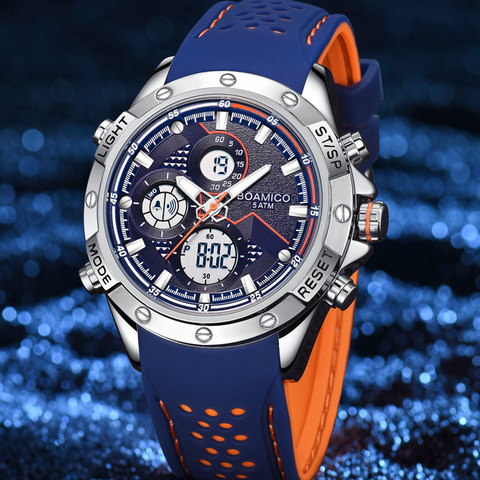 BOAMIGO 2022 Fashion Casual Blue Watch Men Military Digital Analog Quartz Chronograph Rubber Strap Watch 50M Waterproof Watch ► Photo 1/6