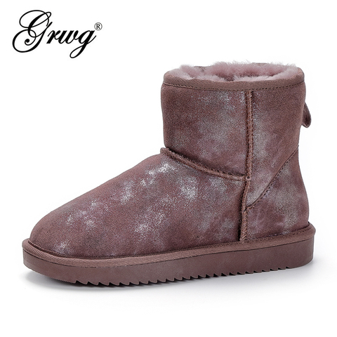GRWG 2022 New Genuine Cowhide Leather Snow Boots Women Wool Boots Suede Sheep Fur Flat Anti-skid Warm Winter Shoes ► Photo 1/6