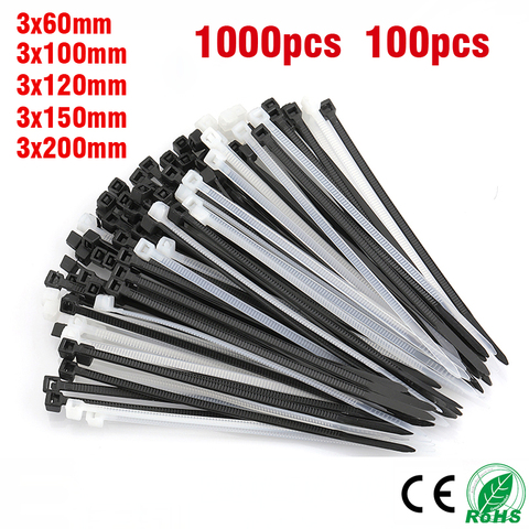 1000pcs100PCS Nylon Plastic Cable Tie Self Locking White Black Cable Wire Zip Ties3 * 60/80/100/120/150/200mmPA66 ► Photo 1/5