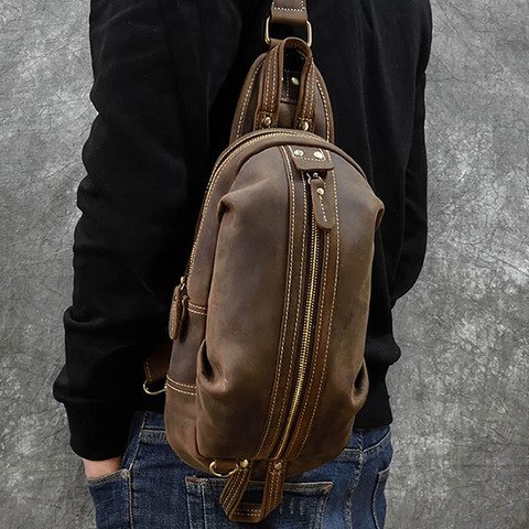 Vintage Genuine Leather Crazy Horse Leather Men Chest Pack Mini Cowhide Messenger Gags Fashion Sling Bag Single Shoulder Bag ► Photo 1/6