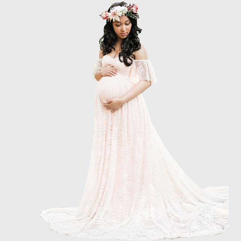 White,M Monland Maternity Photography Props Maxi Maternity Gown V-neck Lace Dresses Pregnancy Dress Fancy Shooting Photo Pregnant Clothes 