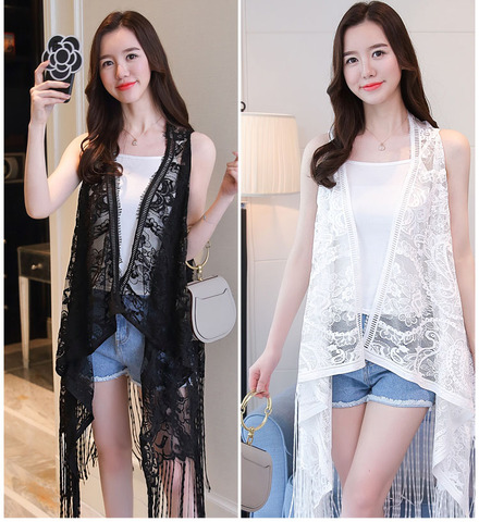 Sexy Lace Kimino Cardigan Women Vest Casual Hollow Out Perspective Plus Size Irregular Long Beach Elegant Korean Tassel Tops ► Photo 1/6