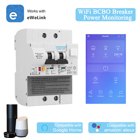 Smart RCBO Circuit Breaker 2P WiFi MCB eWelink Wireless Control Energy Monitoring Leakage Current Protection Alexa Compatible ► Photo 1/6