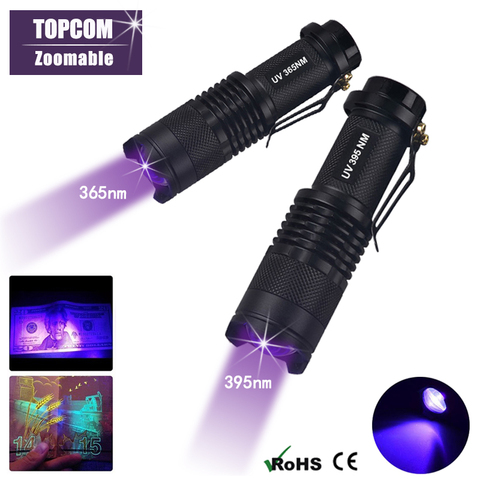 TopCom Portable Mini LED UV Flashlight Zoom 365nm 395nm UV Light Ultraviolet Lantern For Money Bed Bugs Mask Scorpions Detect ► Photo 1/6