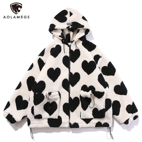 Aolamegs Cute Heart-shaped Print Lambswool Winter Jacket Men Drawstring Pockets Zipper Hooded High Street Warm Couple Streetwear ► Photo 1/6