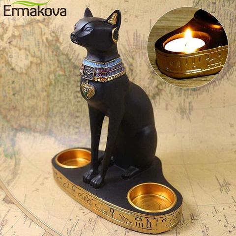 ERMAKOVA Egyptian Cat Craft Candlestick Holder Resin Statue Retro Cat Goddess Figurine Home Office Garden Decoration Gift ► Photo 1/6