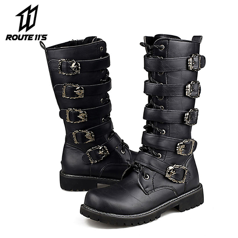 Motorcycle Boots PU Leather Men Motocross Boots Motorcycle Shoes Rock Mid-calf Buckle Motorbike Boots Punk Martin Boots Black ► Photo 1/6