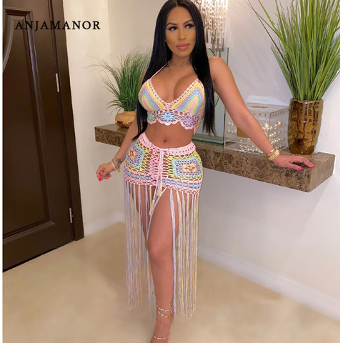 Hand Crochet Tassel Two Piece Beach Outfits for Women Sexy Halter