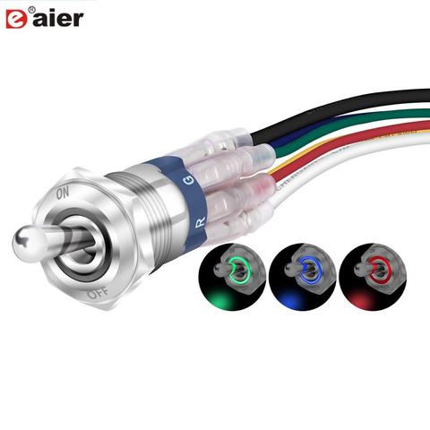 SPST ON Off LED Toggle Switch 12V RGB Lighted IP67 Waterproof 16mm Large Round Rocker Push Button Style Silver Chrome Car Marine ► Photo 1/6