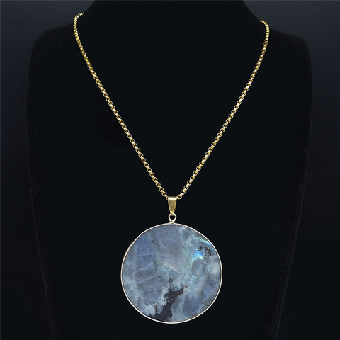 Natural Flash Stone Stainless Steel Long Necklace Women Big Round Pendant Necklace Jewelry joyeria acero inoxidable NXS04 ► Photo 1/6