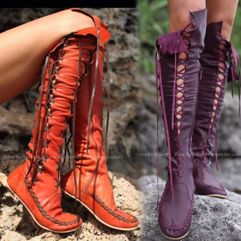 Women Medieval Retro Tall Tube Lace Up Leather Shoes British Style Men Carnival Elf Party Knight Performance Cosplay Boot ► Photo 1/6