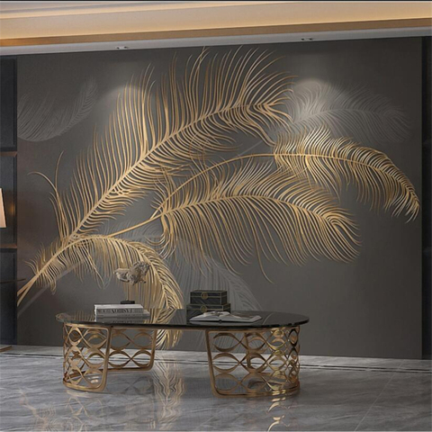 Custom mural 3D wallpaper popular Nordic style light luxury feather gold embossed lines background wall living room bedroom Обои ► Photo 1/4