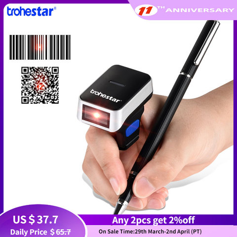 Trohestar Wireless Barcode scanner 2D Portable QR Code Ring Barcode Scanner Wearable PDF Bar Code Reader Bluetooth USB Scanners ► Photo 1/6