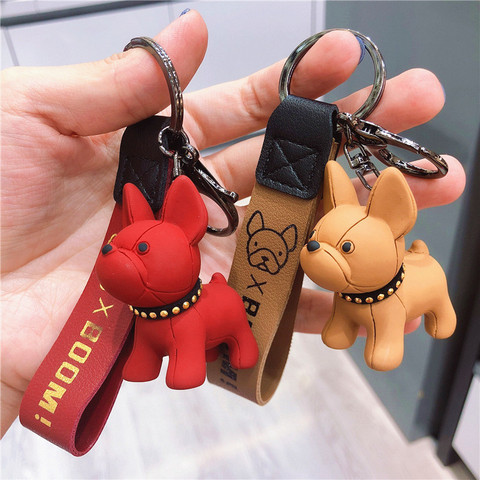 Fashion Cute Cartoon Animation French Bulldog PU Leather Dog Key Ring for Women Bag Resin Pendant Jewelry Men's Car Keychain ► Photo 1/6