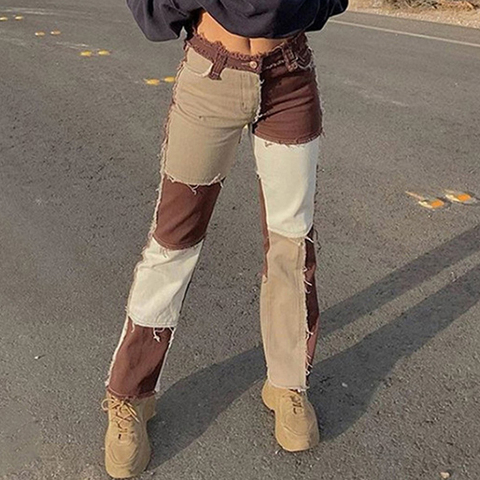 Autumn Brown Women Cowboy Striped Patchwork Jeans Street Casual Hip Hop High Waist Loose Straight Jeans Women's Fashion Pants ► Photo 1/6