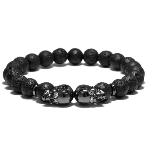 Punk Double Skull Head Design Beads Bracelet 4 Color Natural Stone Beaded Lava Braclet For Men Biker Wristband Jewelry Homme ► Photo 1/6