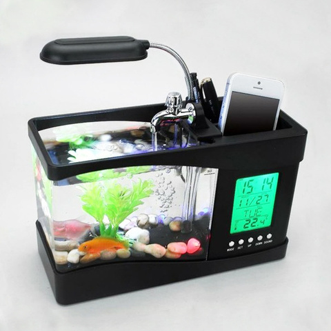 Mini USB Aquarium Display with LED Lights and Clock Pebble Fish Tank Decorate Desktop Aquarium MJ070306 ► Photo 1/5