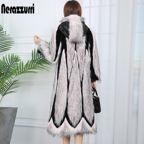Nerazzurri runway 2022 patchwork faux fur coat with hood pink long winter women fashion coats plus size color block outwear 7xl ► Photo 1/6