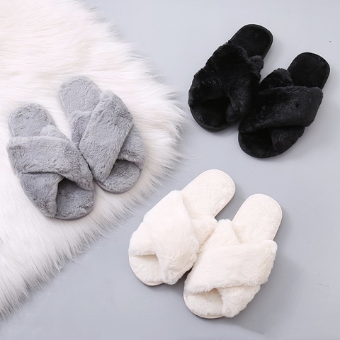 BEVERGREEN Winter Women House Slippers Faux Fur Warm Flat Shoes Female Slip on Home Furry Ladies Slippers Size 36-43 Wholesale ► Photo 1/6