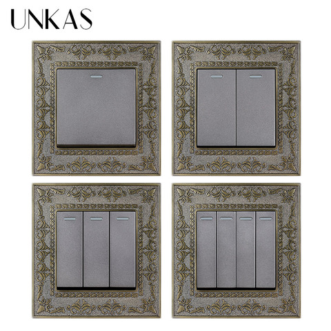 UNKAS 1 2 3 4 Gang 1 / 2 Way Wall Light On / Off Switch Grey 4D Embossing Panel Retro Zinc Alloy Luxury Pass Through Gray 86MM ► Photo 1/6