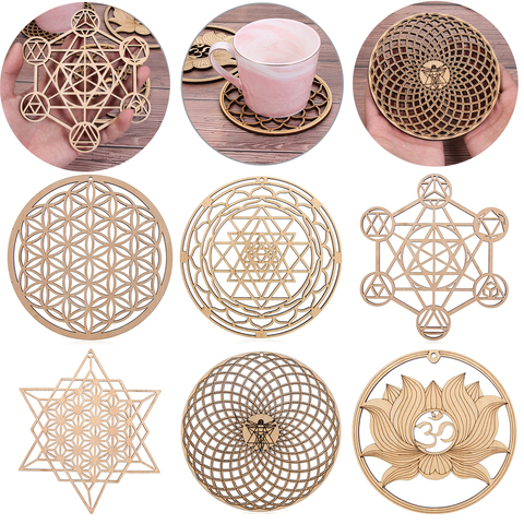 10/20cm  Log Color Chakra Pattern Coaster Wood Creative Round Edge Circles Carved Coaster Flower of life Natural Symbol Decor ► Photo 1/6