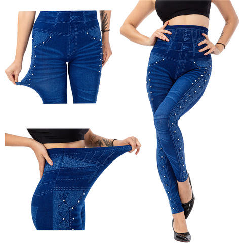 Plus Size 3XL High Waist Faux Denim Jean Leggings Slim Elastic Seamless Skinny Pencil Pant Female Workout Running Leggings ► Photo 1/1