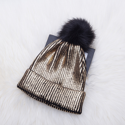 Knitted Bronzing Gold Silver Beanie Cap Pompom Winter Hats For Women Fur Pom Pom Ball Hat Ladies Girls Warm Skullies Beanies ► Photo 1/6