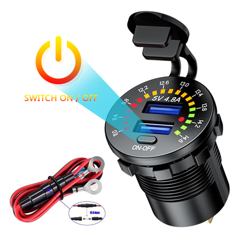 Waterproof Car Motorcycle Boat Dual USB Charger 3.0 Fast Charging Adapter Dual USB Power Socket with LED Voltmeter On/Off Switch ► Photo 1/6