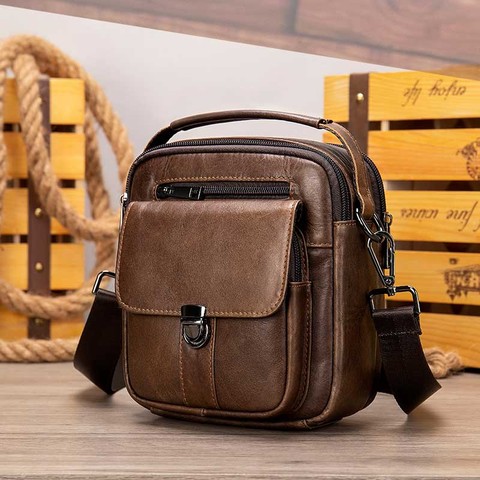 Luufan Genuine Leather Men's Shoulder Bag Vintage Cowhide Double Zipper Pockets Multifunctional Messenger Bag Male Mini Handbag ► Photo 1/6