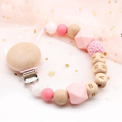 Dummy clip pacifier holder soother teether chain personalised baby shower gift name wood silicone beads custom newborn ► Photo 1/6
