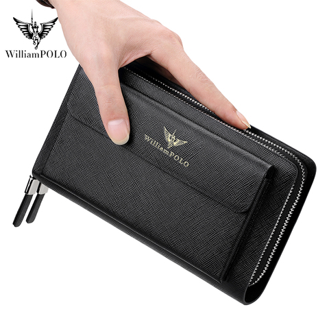 WILLIAMPOLO Brand Men Clutch Bag Fashion Leather Long Purse Double Zipper Business Wallet Black Blue Male Casual Handy Bag ► Photo 1/6