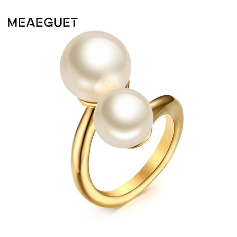 Meaeguet Fashion Gold-Color Simulated Pearl Rings For Woman Accent Bypass Open Stainless Steel Party Jewelry ► Photo 1/6