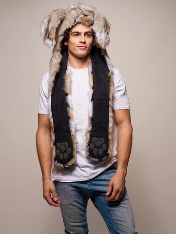 Men Faux Fur Hood Animal Hat Ear Flaps Hand Pockets 3in1 Animal Fur Hat Wolf Plush Warm Imitation Fur Hats Cap with Scarf Gloves ► Photo 1/6