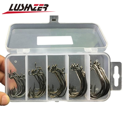 50pcs/100pcs sea hooks Fishing box LUSHAZER offset hook 2#-3/0