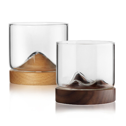 Transparent Mountain Whiskey Glass with Wooden Base Creative Heat Resistant Beer Glass Wine Water Tea Cup Set Bar Drinkware ► Photo 1/6