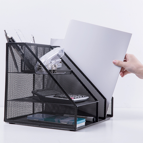 Home Office Desktop Storage Pen Book Letter Holder File Rack Organizer Document Sorter Metal Mesh Paper Basket Multifunction ► Photo 1/6