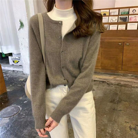 Cashmere Sweater Cardigan Women Single Breasted Long Sleeve Elegant Vintage Jumper Solid Wool Knitted Autumn Winter Outwear X452 ► Photo 1/6