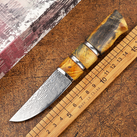 Little Samurai Damascus Fixed Knife VG10 Blade Solidified Wooden Handle Outdoor Tactical Defense Fruit Hunting EDC Tool Knife ► Photo 1/6